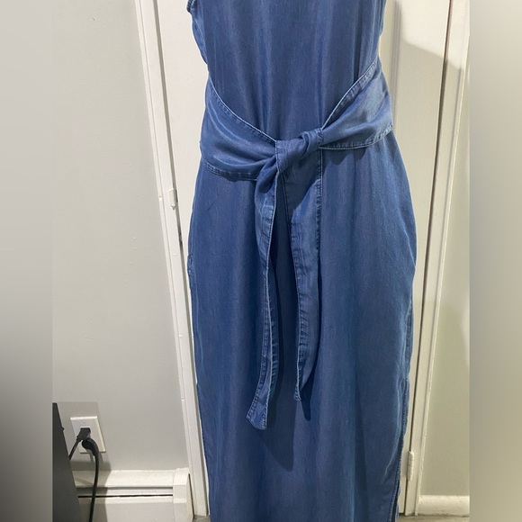 Zara Smocked Waist Maxi Sleeveless Tie Waist Chambray Denim Blue Dress Small - Picture 6 of 10